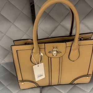 Chic Tan Satchel with Gold Bee Accent